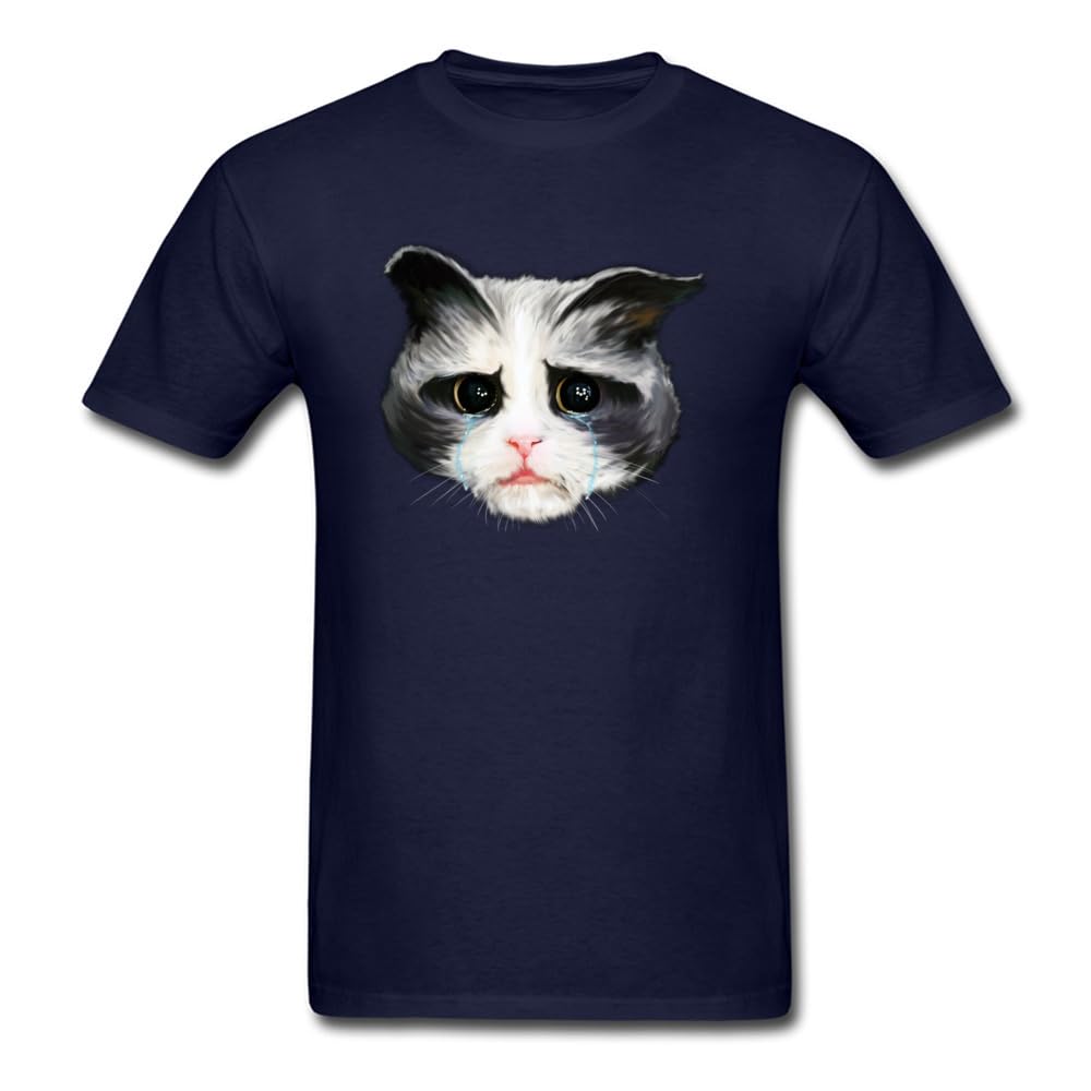 GenericMen T-shirt Black T Shirt Sad Cat Tshirt Printed Tops & Tees 100% Cotton Fashionable Sweatshirts Kawaii Clothes (Navy Blue, L)