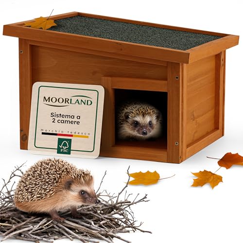 Moorland Casa de hibernación para erizos – Refugio de Invierno en Madera FSC 40×34 cm, Entrada laberíntica ventilada, Base, Techo extraíble, Resistente a la Intemperie para jardín