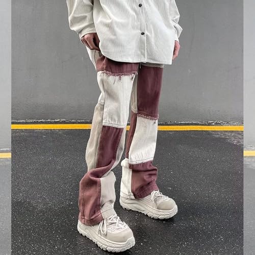Patchwork Jeans for Men Color Block Straight Leg Vintage Denim Pants White and Brown Streetwear Frayed Style3