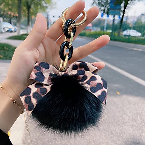 Faux Fox Fur Ball Keychain,Morechioce Fashion Leopard Bow Tie Car Keyring Charm Plush Key Chain Holder Key Ring Purse Pendant For Birthday Gifts,Black #TOP2