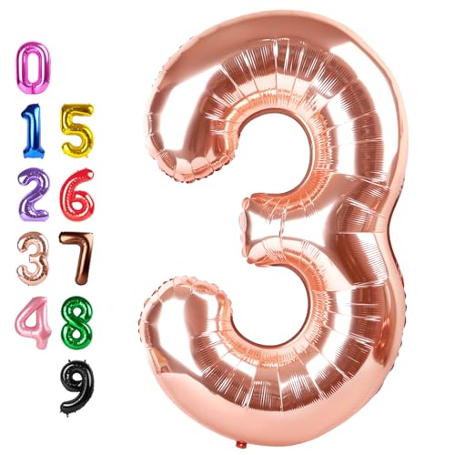Image of Number Balloons 3 Balloon Rose Gold for 3rd Birthday Decorations, 40 inch | Saturated Color, Large 40 in, With Straw & Hanging Hole, For Back-to-School Season, Wedding, Christmas, New Year, Anniversary