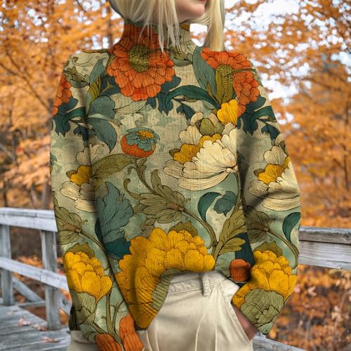 Ethnic Print Sweater for Women Turtleneck Long Sleeve Vintage Graphic Pullover Cozy Warm Casual Ribbed Knit Jumper Tops2