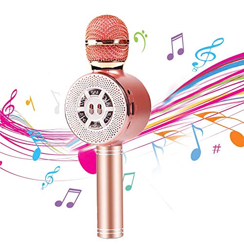 Microphone sans fil karaoké Bluetooth portable pour enfants avec haut-parleur et lumières LED, haut-parleur portable avec lecteur de microphone pour fête d'anniversaire de Noël (or rose) Cover