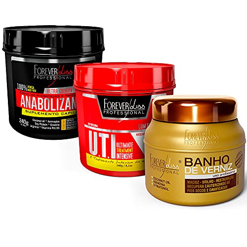Kit Cronograma Banho de Verniz 250g,Fortificante Capilar 240g e Uti 240g Forever Liss