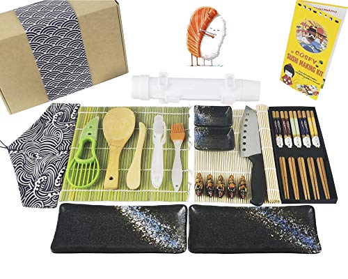 24Pc Sushi Making Kit with All In One Sushi Bazooka Maker, Bamboo Sushi Mat, Sushi Knife, Porcelain Plates, Sauce Dishes, Bamboo Chopsticks & Holder, Tableware Bag, Avocado Slicer, Nigiri Maker Mold