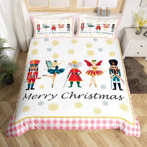 Christmas Nutcracker Duvet Cover Set Super King Size,Nutcracker Soldier Mouse Ballet Girls Bedding Set for Kids Teens,Gold Glitter Snowflake Comforter Cover Pink White Plaid Quilt Cover,2 Pillowcases