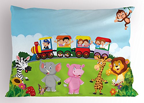 Ambesonne Cartoon Pillow Sham, Kids Nursery Design Happy Children on a Choo Choo Train with Safari Animals Artwork, Decorative Standard Queen Size Printed Pillowcase, 30