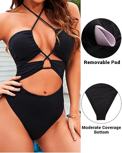 Holipick One Piece Swimsuit For Women Sexy Cut Out Bathing Suits Plunge Criss Cross Monokini Halter Swimwear Black #TOP2