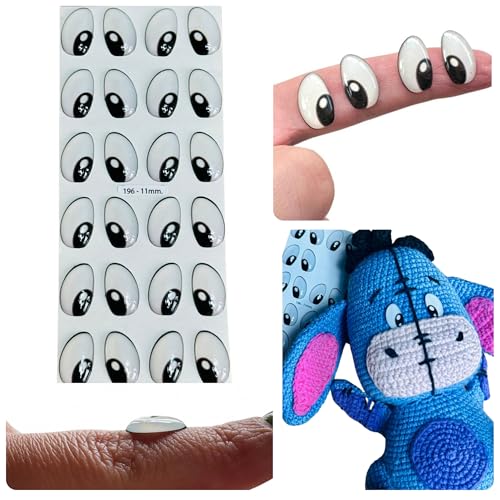 Ojitos Adhesivos 3D 3D Resin Adhesive or Self-Adhesive Eyes for All Types of Materials, Crafts, Decoration - 12 Pairs in White with Black, 11mm Wide
