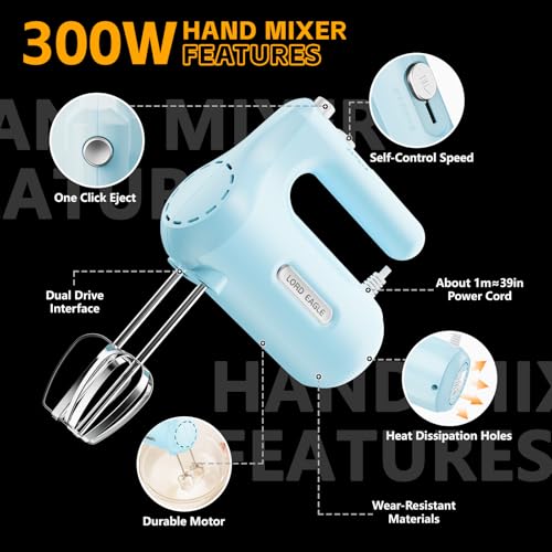 Image of Lord Eagle 5-Speed Small Hand Mixer Electric, 300W Compact Portable, Blue