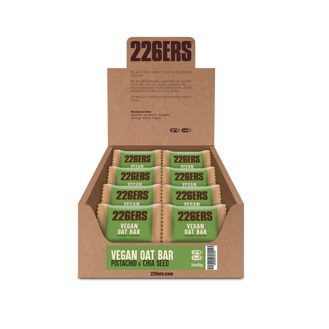 226ERS Vegan Oat Bar, Barritas de Avena Sin Gluten, Veganas y Apta para Celíacos, Pistachio & Chia - 24 x 50 gr