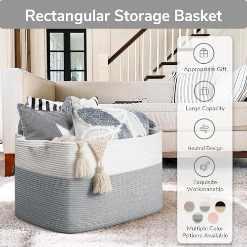 Goodpick Large Blanket Storage Baskets for Organizing, Woven Basket for Blankets, Clothes, Toy Basket Storage Kids, Rectangle Rope Baskets for Storage, 23.6" x 15.7" x 13.8"