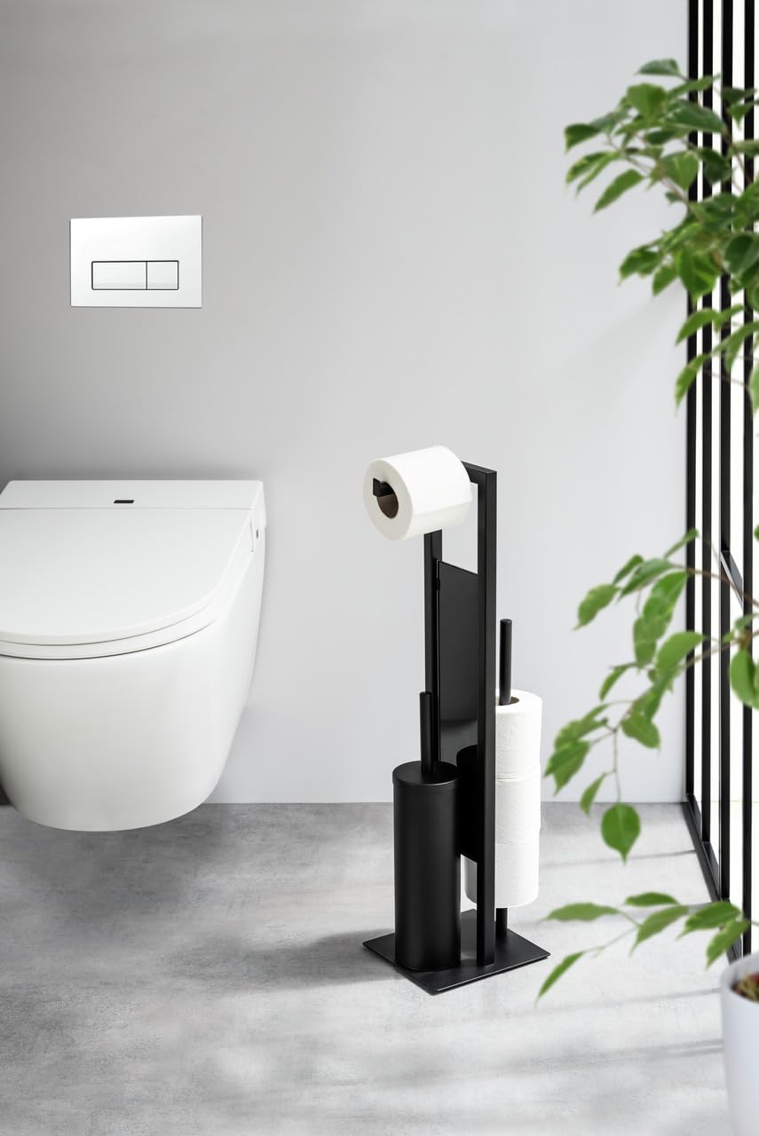 WENKO Stand WC-Garnitur Mod. Rivalta geschlossene Toilettenbürstenhalter Kombination aus matt lackiertem Stahl und Sicherheitsglas mit Toilettenpapier- und Ersatzrollenhalter Schwarz 18 x 70 x 23 cm
