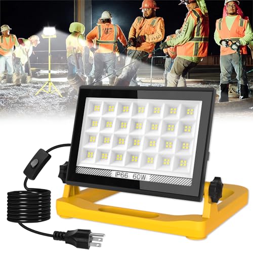T-SUN LED Work Light with Stand, 60W 6000K LED Flood Light Outdoor with 13FT Cord, 3 Adjustable...