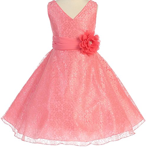 Little Girl Sleeveless V Neck All Over Lace Junior Bridesmaid Flower Girl Dress