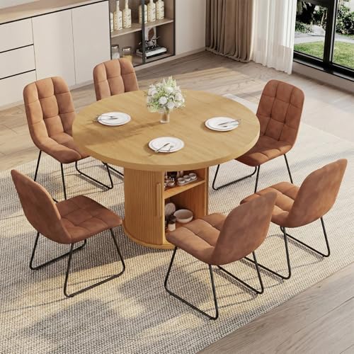 Image of 5-Piece Dining Set for Small Spaces 43.3 inch Round Table & 4 PU Leather Chairs, Modern Farmhouse with Storage Shelf, Apartment Kitchen Easy Assembly (Natural Color Round Table + 4 U-Shaped Brown Chairs)