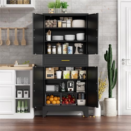 Image of 71 inch Tall Farmhouse Pantry Cabinet,Metal Cabinet with Doors and Shelves,Storage Cabinet for Kitchen Garage,Black 1 Pack