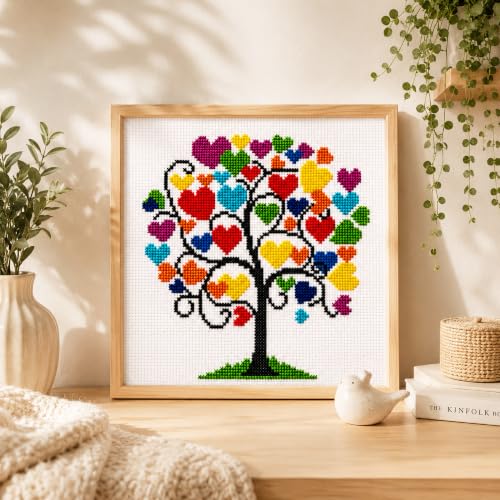 Image of Zhenqing Heart Tree Stamped Cross Stitch Kit for Beginners, 11CT Printed 11.8 x 11.8 Inch Colorful Love Tree Pattern with Threads, Needles and English Instructions, DIY Wall Decor Gift
