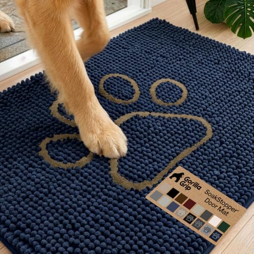 Image of GORILLA GRIP SoakSTOPPER Dog Door Mat, Machine Washable Rug Absorbent Doormat Captures Moisture Mud Dirt, Quick Dry Soft Chenille Entryway Rugs Indoor Entrance Mats for Dog Paws, 24x17 Navy