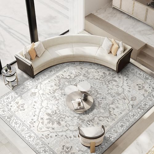 Deerly Large Washable Area Rug 8x10 for Living Room Bedroom Boho Vintage Oriental Rug for Dining Room Non-Slip Soft Low-Pile Farmhouse, Beige/Multi