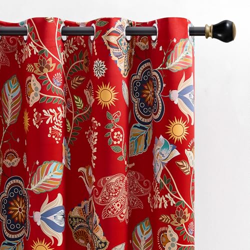 Image of XiDi Red Patterned Vintage Floral Curtains 90 Inches Long for Bedroom | Blackout Curtains 2 Panels Living Room Thermal Insulated Luxury Curtains Flower Botanical Leaf Printed Grommet Drapes 52x90