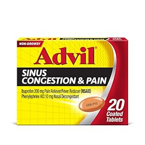 Advil Sinus Congestion and Pain, Sinus Relief Medicine, Pain Reliever and Fever Reducer with Ibuprofen and Phenylephrine HCl – 20 Coated Tablets