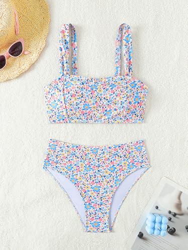 Fanuerg Women's High Waisted Bikini Sets Wide Straps Two Piece Swimsuit Floral Print Bathing Suits4