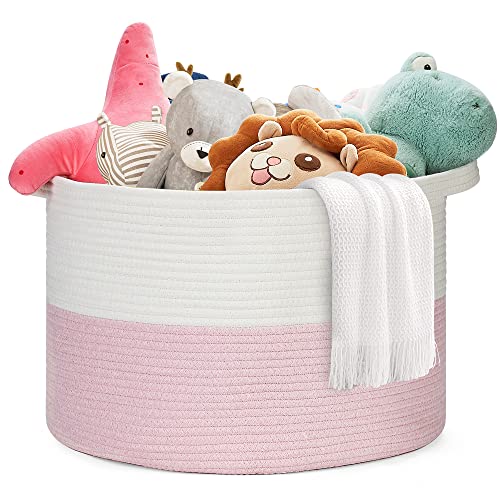 Image of Ravinte Blanket Basket - 20"x 20"x 13" Cotton Rope Basket for Living Room, Baby Toy Storage Basket, Large Woven Laundry Basket (White-Pink)