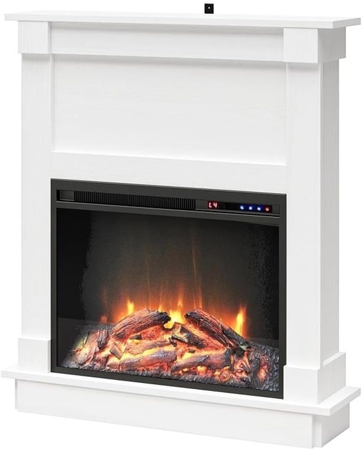 Ameriwood Home Ellsworth Fireplace with Mantel, White - Cozy Electric Heater for Home & Kitchen, 400 sq. ft. Heating, Remote Control, Neutral Finish