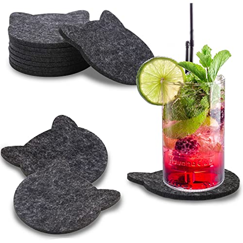 wortek Filz Untersetzer Gläser Schwarz in Katzenform - 8er Set Glasuntersetzer für Getränke, Tassen, Bar, Glas - Ø 10cm Tischuntersetzer waschbare Filzuntersetzer Gläser Glas Untersetzer-Set Cover