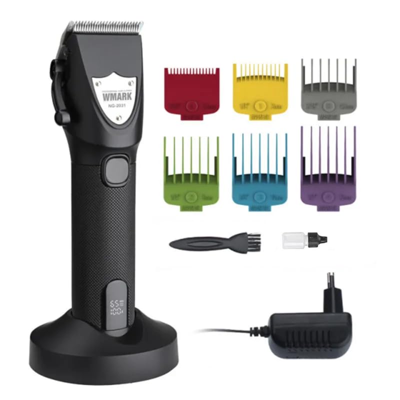 WMARK Professional Zero Gapped Hair Clipper Digital Display Self Sharpening Blade 6500 RPM Magnetic Motor Charging Adapter & Charging Pod 6 Guide Comb Taper Lever Adjustment 240 Min, Model 13, Black