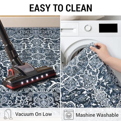 KUTA Vintage Floral Washable Runner Rug, 2x8 Navy Blue Runners for Hallways Non-Slip Kitchen Rugs Ultra Soft Printed Distressed Tribal Floor Carpet for Bedroom Living Room Nursery