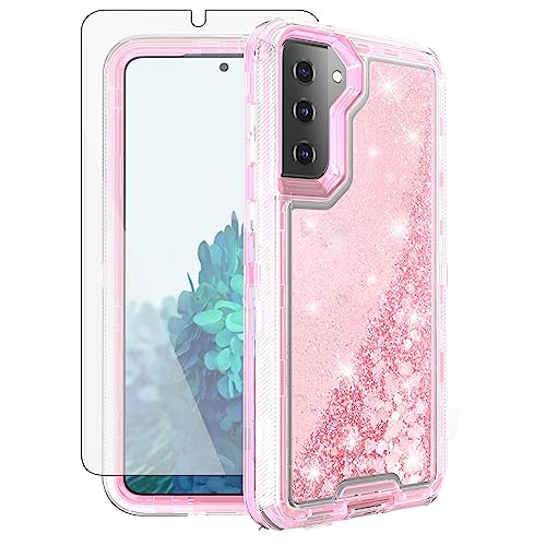Asuwish Phone Case for Samsung Galaxy S21 5G 6.2 inch with Screen Protector Bling Liquid Glitter Clear Hybrid TPU Silicone Military Grade Protective Heavy Duty Cell Cover S 21 21S G5 Women Girls Pink