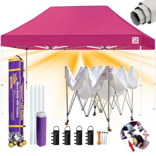 Image of Tradesparker 8x12 Pop Up Canopy Tent,Commercial Movable Canopy with ApexCore LED&Rugged Casters-Instant Easy Setup Shelter Canopies with Weight Bags&Stakes for Outdoor Events Markets Vendors,Pink