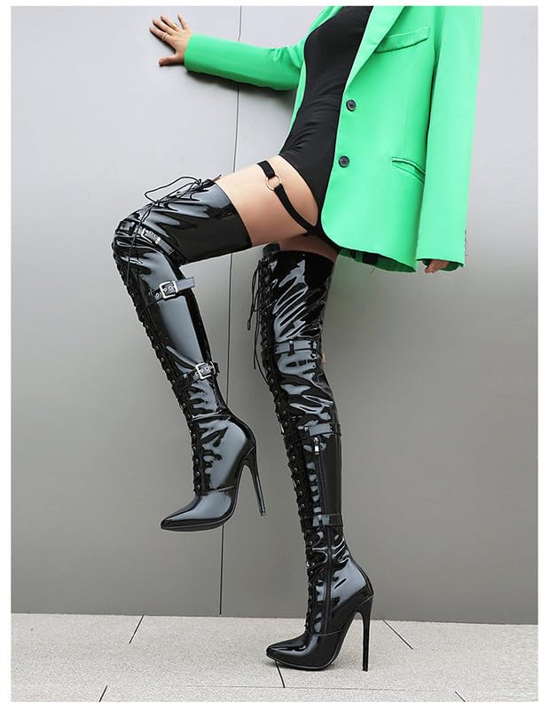Damen Overknee Stiefel Spitze Geschlossene Zehen Stiletto High Heels Lackleder Schnürstiefel mit Schnallen