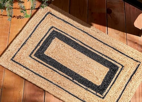 Image of Handmade Natural Jute Cotton Natural Fibers Floor /Door Mat Rugs Furnish Decor Striped Rectangular Design Carpet for Bedroom Living Room (JUTE007, 2x3-Runner)