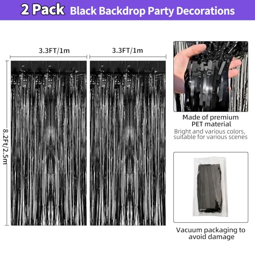 Image of Black Tinsel Foil Fringe Curtains 3.3 x 8.2 ft, Black Fringe Backdrop for Streamers Party Decorations, Glitter Photo Backdrop for Door Decorations Hanging Birthday Bachelorette Halloween (2 Pack)