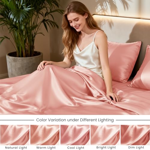 Image of Love's cabin California King Satin Sheet Sets - 4 Piece Coral Silky Sheets Bed Set with Deep Pocket, Luxury Silk Feel Satin Cal King Sheet Set (1 Flat Sheet,1 Fitted Sheet,2 Pillow Cases)