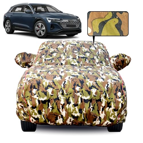 Image of Waterproof Car Body Cover for Audi Q8 with Mirror Pocket, Soft Cotton Lining, Triple Stitched, Full Bottom Elastic (Heat Resistant Jungle Print with Red Piping)