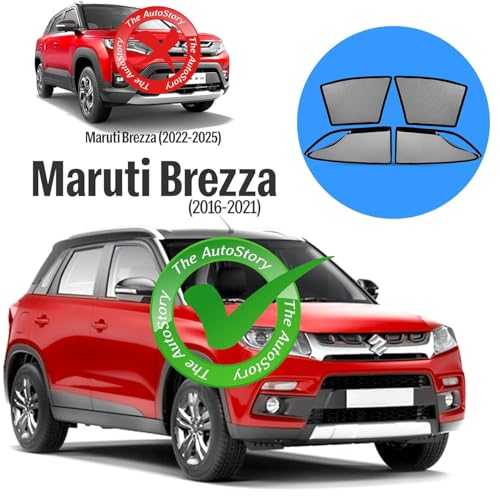 Image of AutoStory Magnetic Car Sunshade for Brezza 2016-2022 | Front Half Cut for Mirror Visibility + Rear Full Coverage with Zipper | Heavy Heat & UV Protection | Privacy Side Window Curtains Shades
