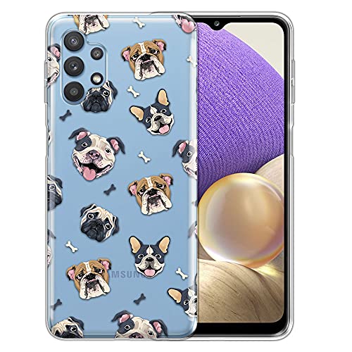 FINCIBO Clear Transparent TPU Silicone Protector Case Cover Soft Gel Skin Compatible with Samsung Galaxy A32 5G 6.5 inch 2021 - Pitbull Bulldog Pug