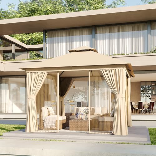 Aoxun 10'x10' Outdoor Patio Gazebo, Heavy Duty Party Tent with Wind-Resistant Ropes, Metal Frame Canopy with Mosquito Nettings and Privacy Screens for Backyard, Deck,Garden, Lawn, (Beige)