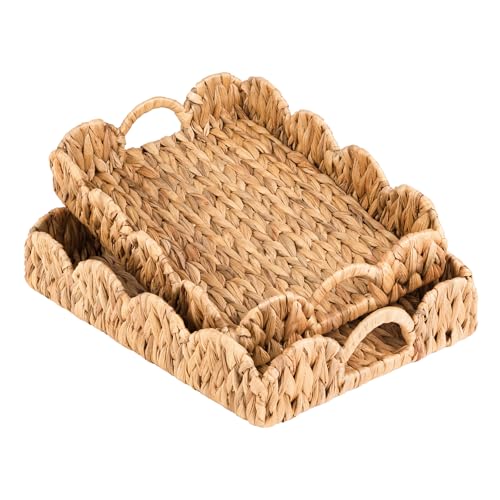 ATEDIR Large Rectangle Serving Tray, 2-Pack Rattan Scalloped Tray with Handles, Wicker Trays for Decor, Hand-Woven Water Hyacinth Coffee Table Tray for Home Decoration