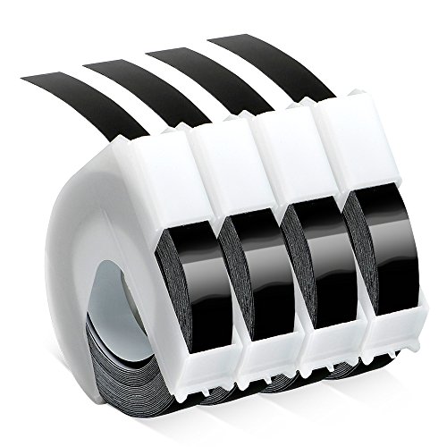 AOJE Compatible Label Tape Replacement for Dymo 3D Embossing Label Maker Tape 520109 3/8'' x 9.8' White on Black Work with Embossed Label Makers Office Mate II 154000 Organizer Xpress 12965, 4-Pack