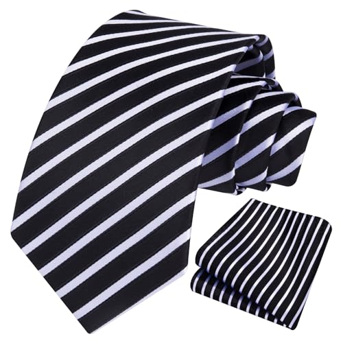 Image of HISDERN Stripe Tie Mens Ties with Pocket Square Set Classic 3.4'' Silk Formal Necktie Handkerchief for Business Wedding