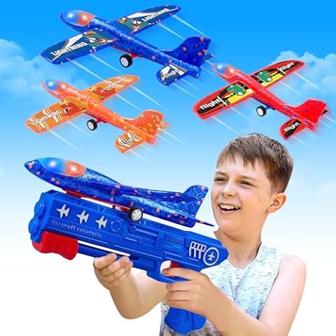 LJZJ 3 Pack Airplane Launcher Toys, 2 Flight Modes LED Foam Glider Catapult Plane, Outdoor Flying Toy for Kids, Birthday Gifts for Boy Girl 6+ Year Old, B-Day Party Supplies Cover