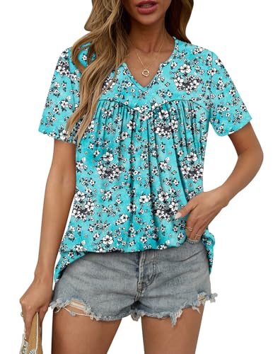 KISSMODA Tops for Womens Summer Cute Short Sleeve Shirts Trendy Notched Neck Blouses Casual Loose Pleated Tunics S-3Xl