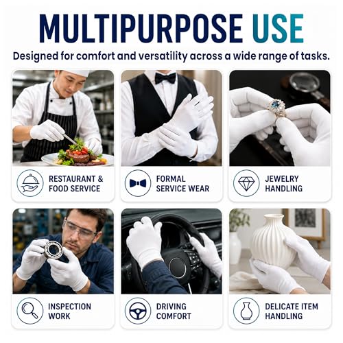 Image of AM Safe-X Premium White Cotton Gloves for Men & Women | Lightweight Breathable Knitted Gloves | Soft Stretch Fit | Reusable Hand Protection for Driving, Gardening, Warehouse & General Use | 5 Pair