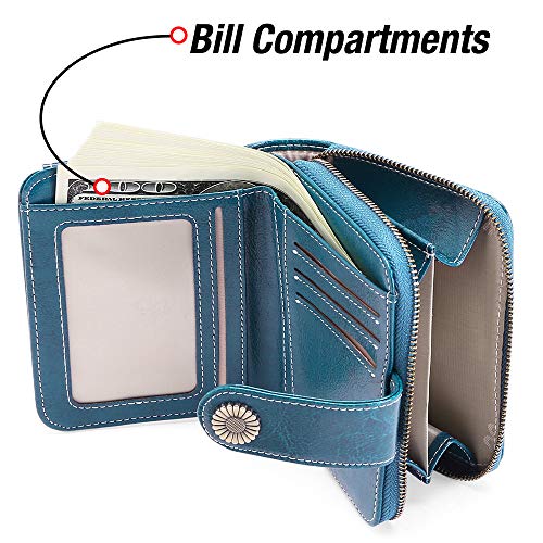 Image of GOIACII Cute Women's Wallets Ladies Leather Billfold Small Peacock Blue | RFID Blocking, Oil Wax Leather, 2 ID Windows, Compact Size, Multiple Card Slots, Zipper Coin Pocket, Bifold Card Holder