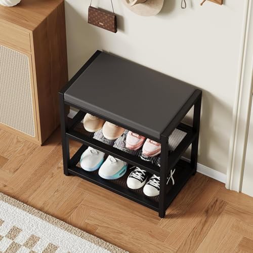 Image of Shoe Rack Bench with Seat | Metal Shoe Organizer Storage Rack for Hallway Bedroom Living Room with Comfortable Seat Cushion (Grey)